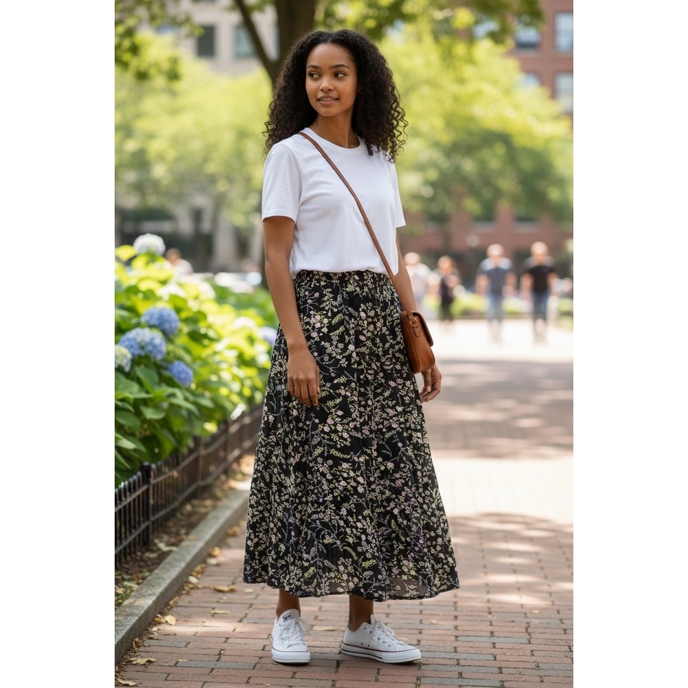 Paul Harris Design Floral Maxi Skirt Black Purple Rayon Elastic Waist Large